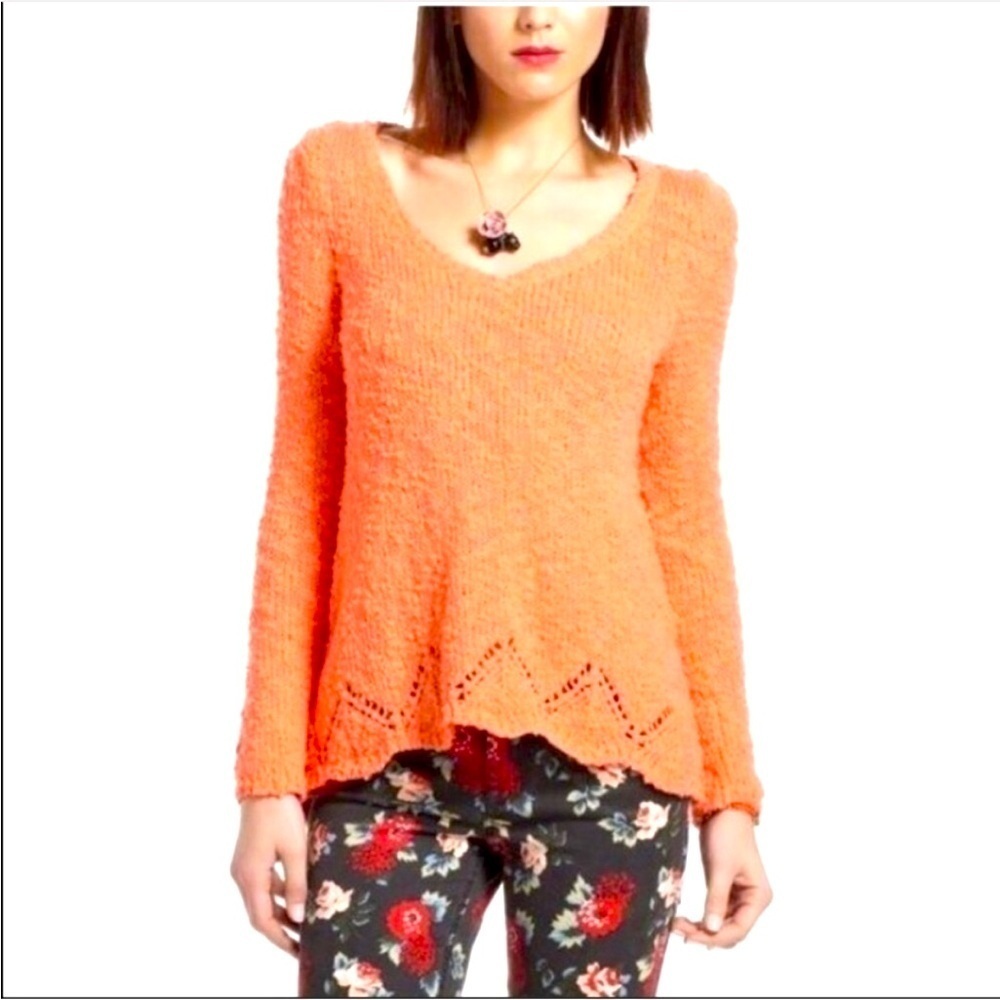 [Anthropologie] Yellow Bird Sparrow Coral Knit Scalloped Edged Sweater Size XS